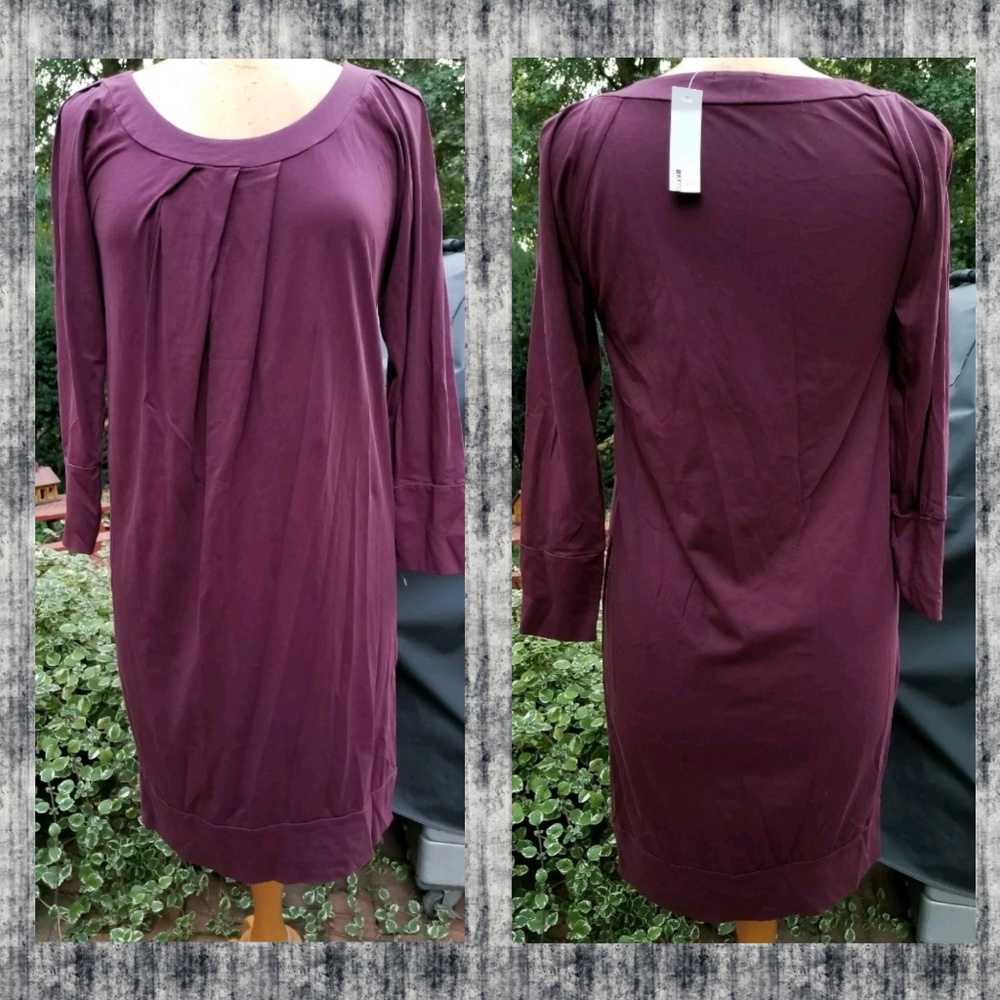LA MADE Cotton Jersey Knit Round neckline Long Sleeve Draped seamed Dress